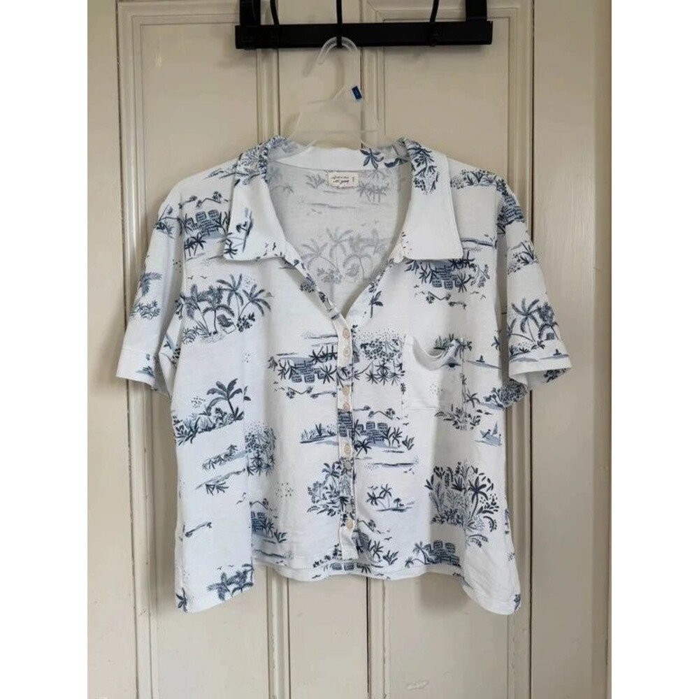 Tropical Palm Tree Print Button Up Shirt Short Sleeve Crop Top XL